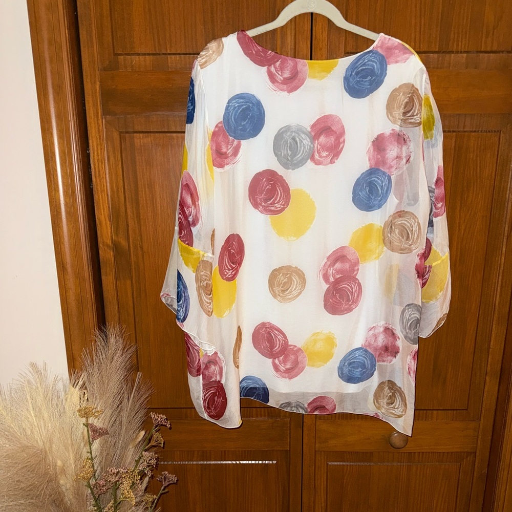CHARLIE B White Sheer Blouse with Multicolor Polka Dots